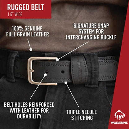 Wolverine Men Boot Leather Work Belt, Rugged-Brown, 40"