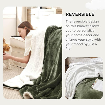 Bedsure GentleSoft Sherpa Fleece Oversized Cal King Blankets for Bed - Thick and Warm Throw for Men, Soft Fuzzy Plush Large Blanket for Winter, Olive Green, 112x98 Inches