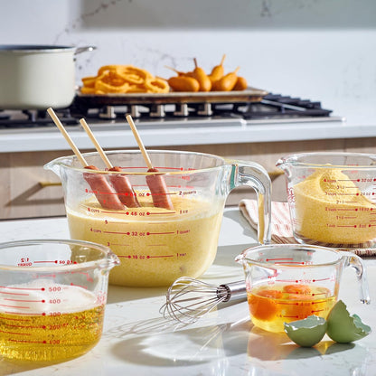 Set of 3 Glass Measuring Cups with Measuring Spoons & Whisk - Kitchen Mixing Bowl Liquid Measure Cup, Glass Bakeware. 1 cup, 2 cup, 4 cup.