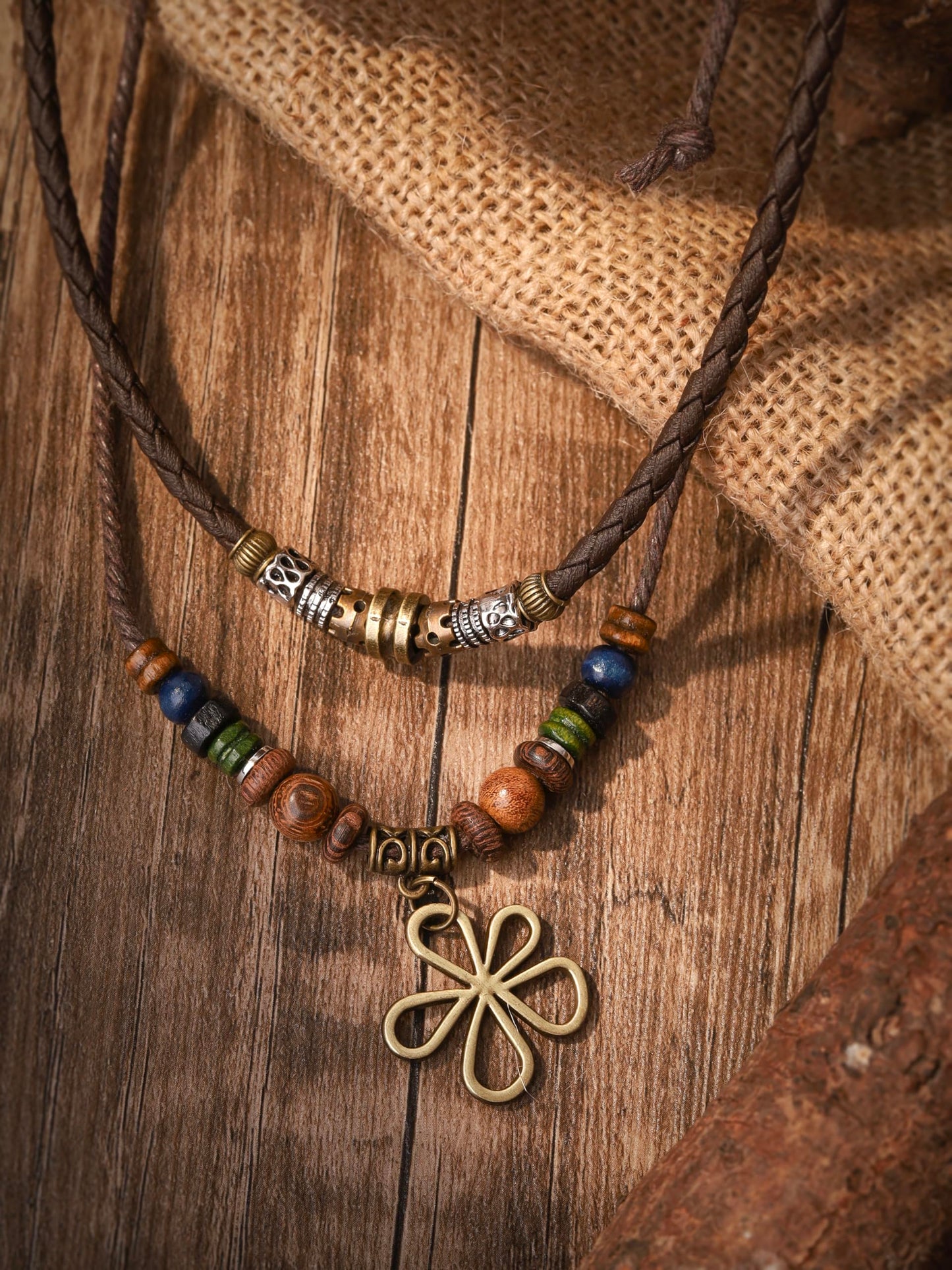 MINACHI Boho Layered Wood Bead Necklace Set – Dark Cord, Mixed Beads & Antique Brass Flower Pendant, Matching Earrings Included, Bohemian Style