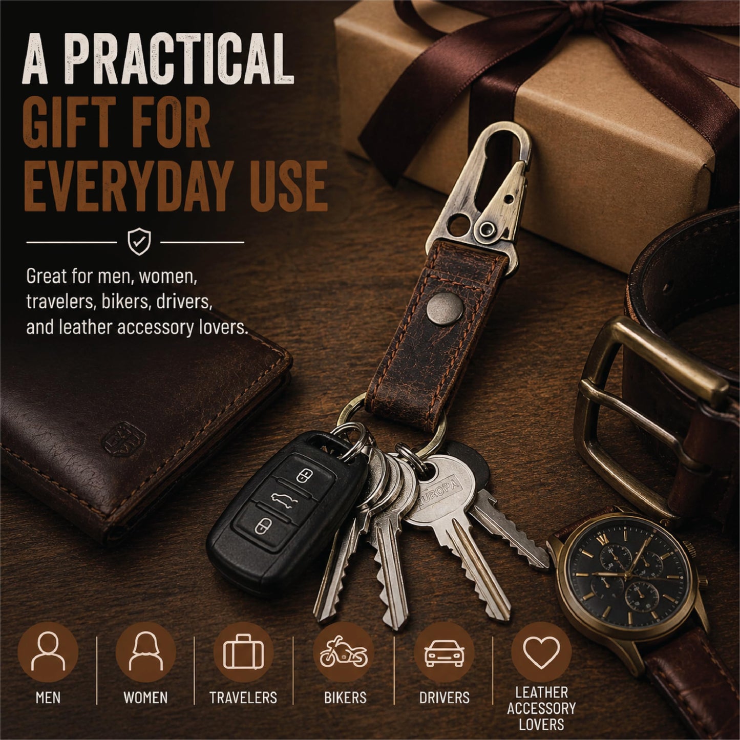 TheAntiq Genuine Leather Key Organizer with Dog Hook - Handmade Key Holder Clip with Snap Strap, Durable Leather Keychain for Belt, Bag & Everyday Carry (Brown)
