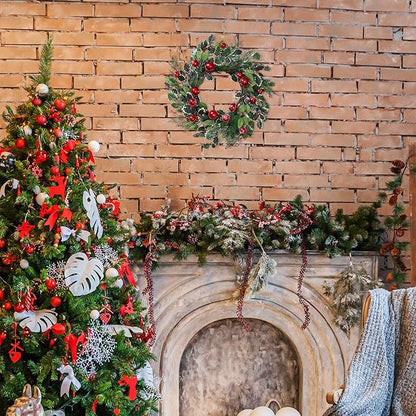 YNYLCHMX 20 Inch Winter Wreath for Front Door, Winter Wreaths with Pine Needles Holly Red Bells, Artificial Door Snowy Wreaths for Outdoor Indoor Reef Farmhouse Windows Wall Holiday Decoration