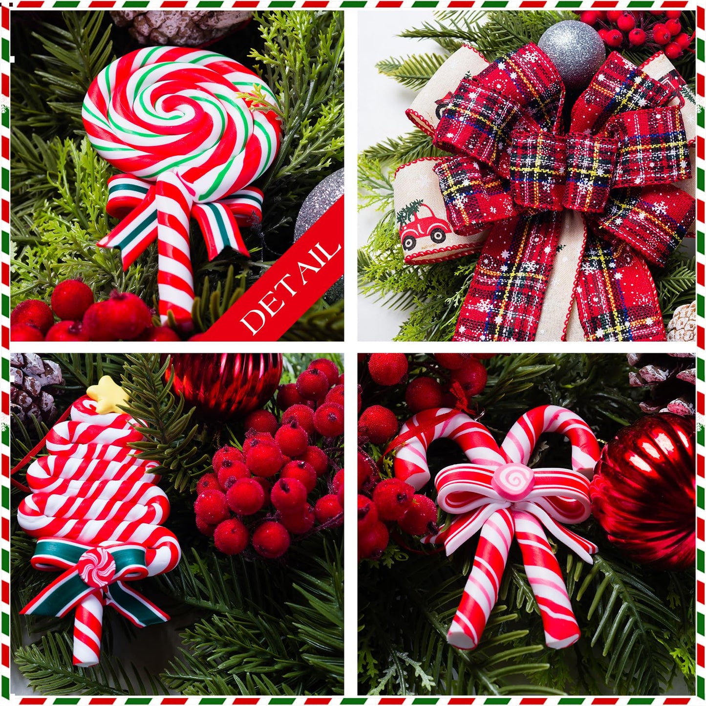 Christmas Wreaths for Front Door, 20 Inch Lighted Artificial Christmas Door Wreath with Candy Lollipops Ball Bow, Holiday Decorations for Home Decor