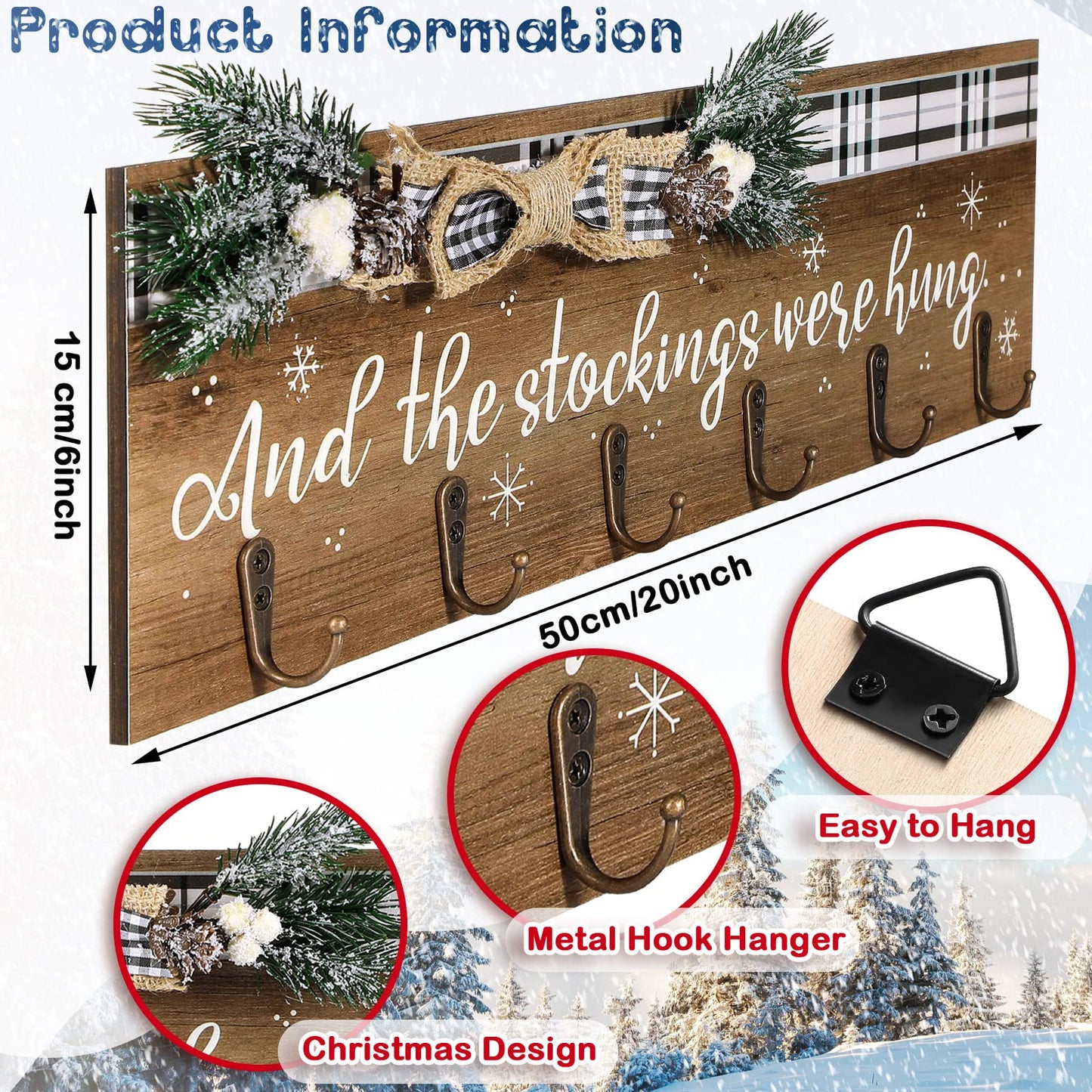 Christmas Stocking Holder with 6 Hangers The Stockings were Hung Wooden Sign Xmas Wall Hanging Sign Wall Mount Hook Holder Decorative Wood Stocking Hanger for Mantle(Snowflake Style)