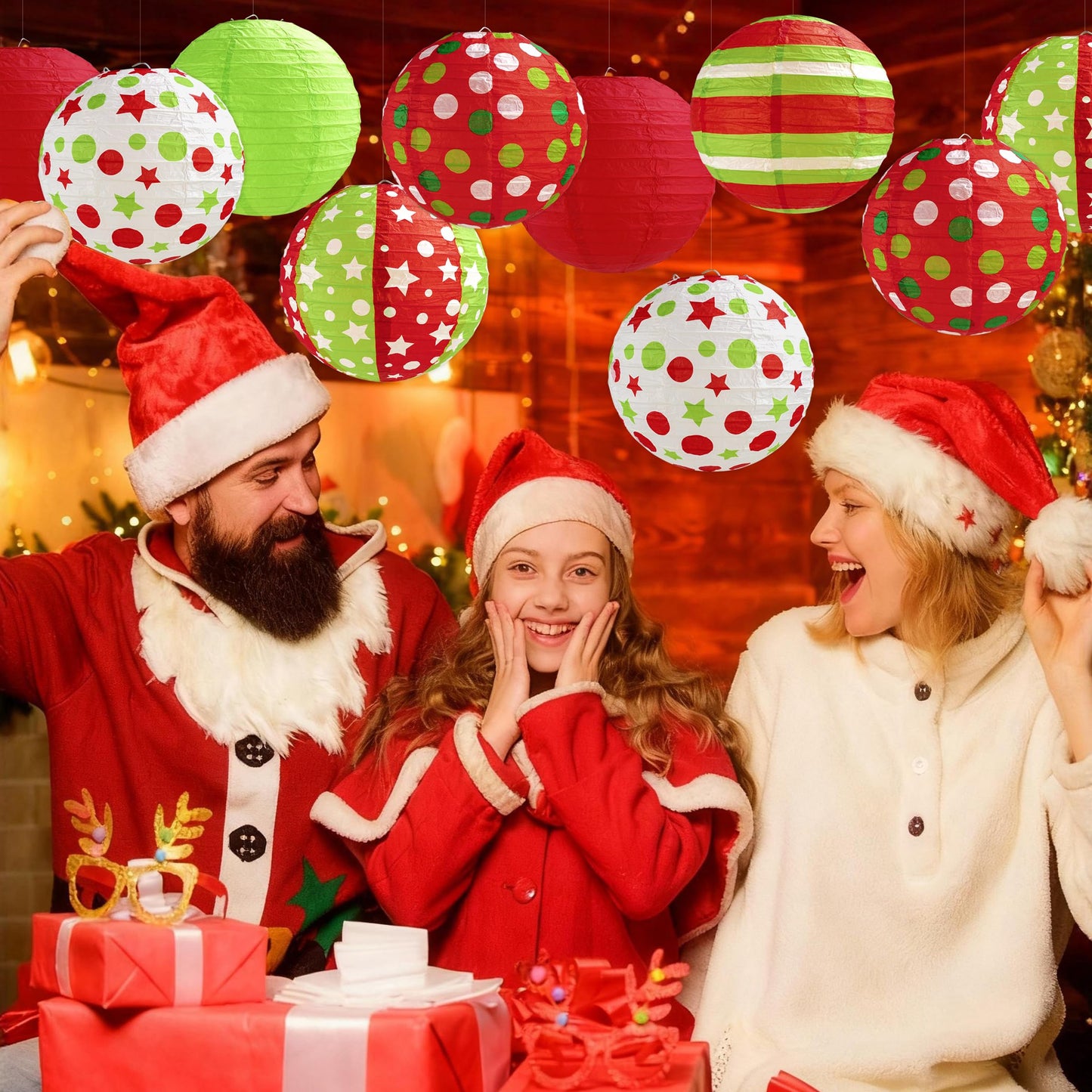 12 Pcs Red Green Christmas Hanging Paper Lanterns 8 Inch Christmas Party Lanterns Indoor Outdoor Decorative for Xmas Holiday Party Baby Shower Birthday