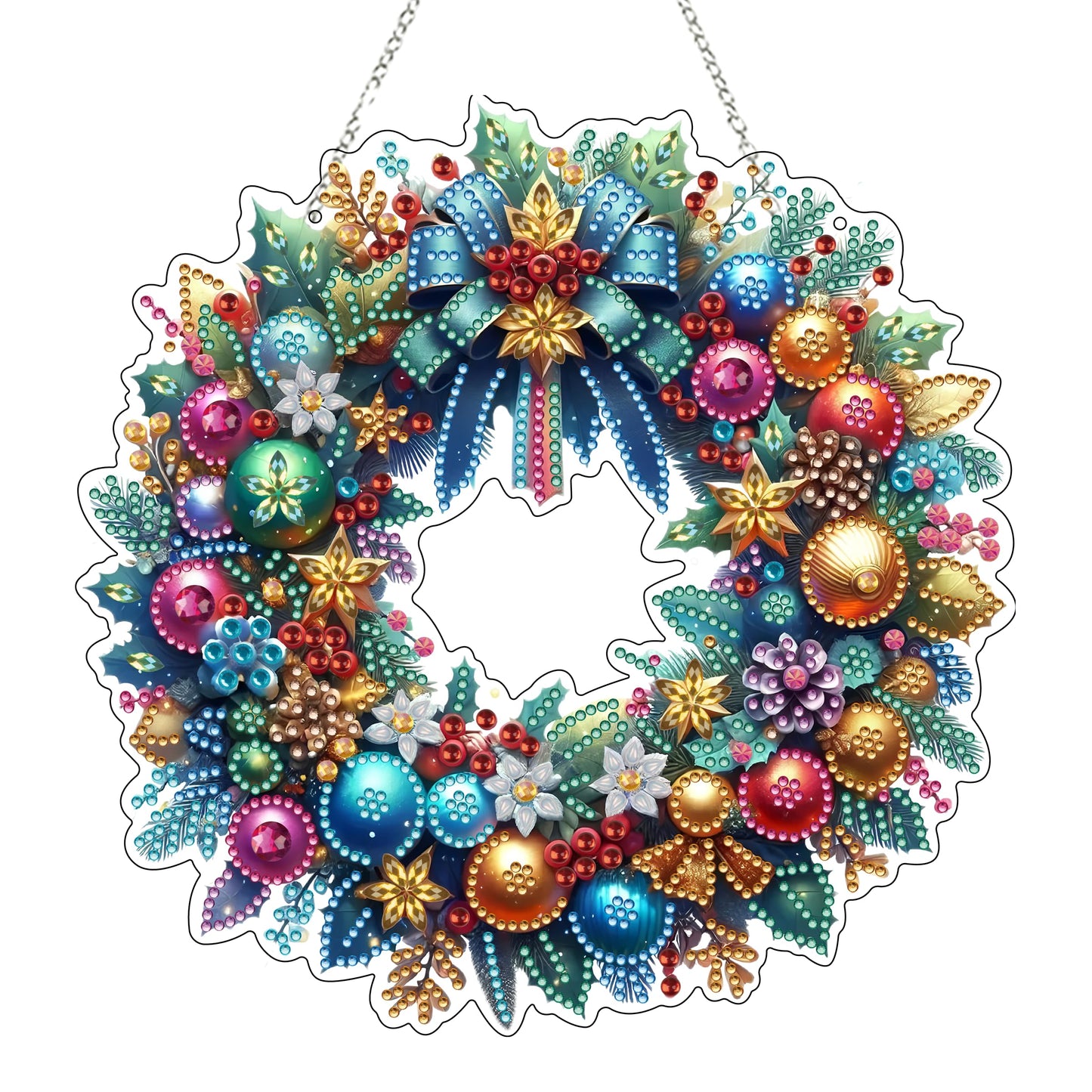 JJFox Diamond Art Hanging Kit for Adult,Special Shaped Rhinestone,Double Sided 5D DIY Acrylic Diamond Art Painting Window Pendants Home Garden Wall Hanging Kits Hanging Ornament (Christmas Wreath)