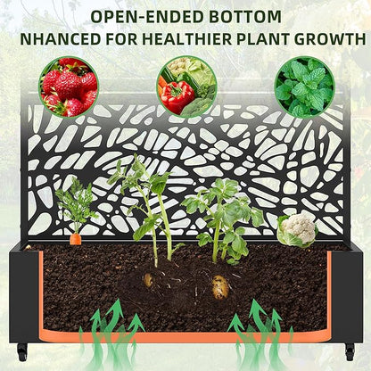Casaphoria Metal Raised Garden Bed with Trellis and Wheels, 72"x47"x16" Arched Planter Box for Climbing Plants, Vegetables & Vines, Features Drainage Holes and Privacy Screen (Black-Helen&Net)
