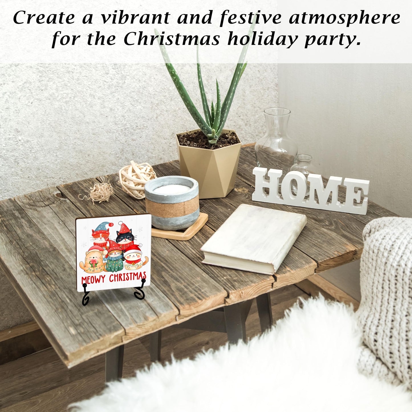 Cazhes Cute Christmas Cat Wooden Decor, Meowy Christmas Decorations for Home Bedroom, 5x5 Inches Xmas Sign with Iron Stand, Cat Lover Birthday New Year Gifts-G10
