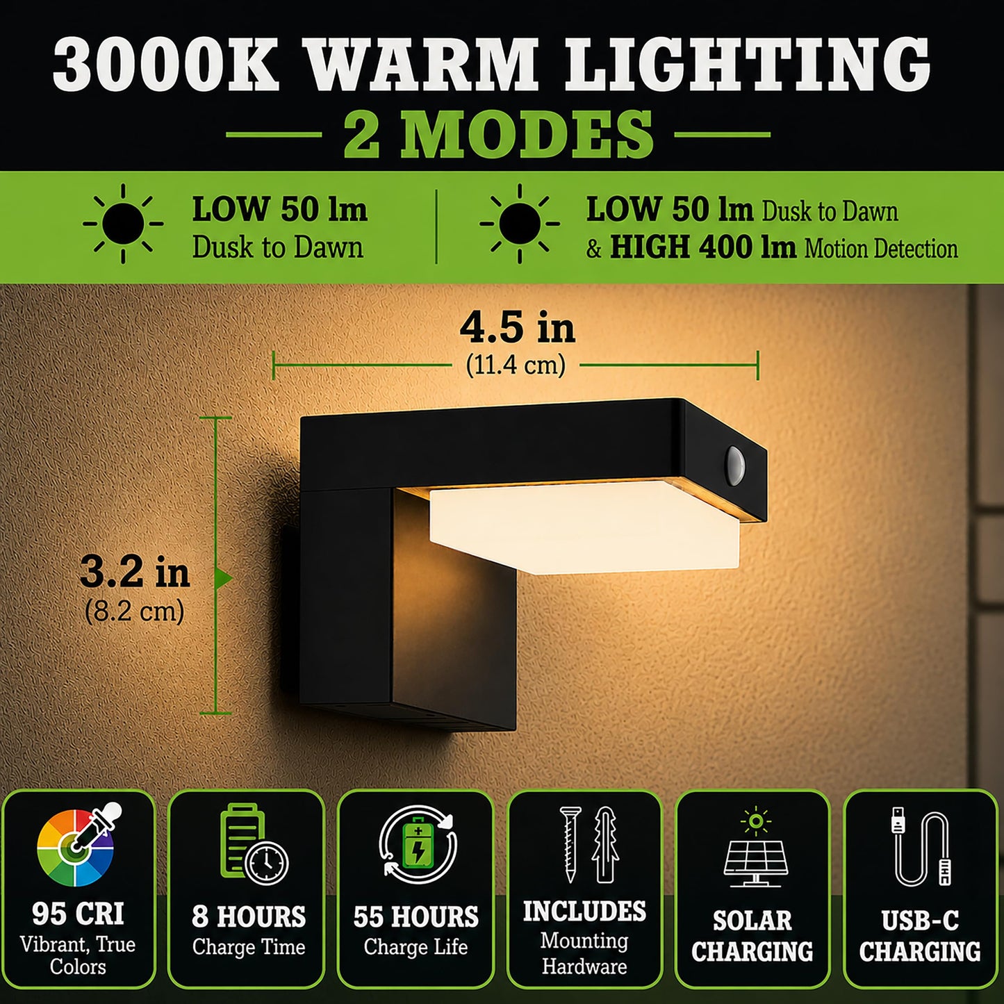 VerLuce - Square Solar Wall Lights - Solar Powered Wall Lamps - LED Lights - PIR Sensor & Two Lighting Modes - Rechargeable Battery Lasts Up to 55 Hours - 3000K - IP44 Weather Resistant - 2 Pack
