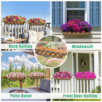 LAWYAMAI 2pcs 24 Inch Window Deck with Coco Liner, 24" Window Boxes Horse Trough with Coconut Coir Liner, Metal Hanging Flower Planter Window Basket Deck Railing Planter Boxes for Outdoor Indoor Lawn