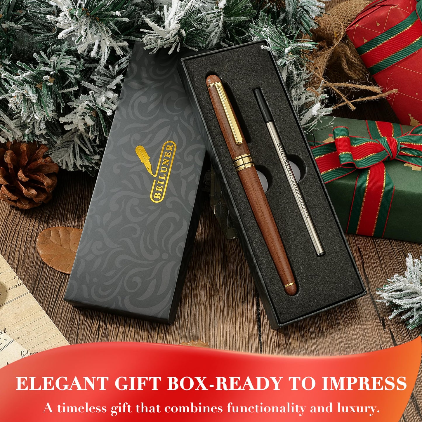 BEILUNER Luxury Wood Ballpoint Pen Writing Set,Walnut-Elegant Fancy Nice Gift Pen Set for Signature Executive Premium Office Fancy Nice Supplies - Gift Boxed with Extra Refills (Black)