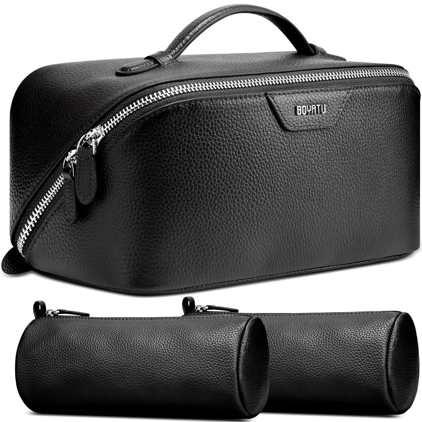 BOYATU Genuine Leather Travel Makeup Bag: Large Capacity 3 Pcs Set Cosmetic Bags for Women - Designer Waterproof Hand-made for Toiletry Organizer - Ladies Travel Essentials for Elegance (02Black)