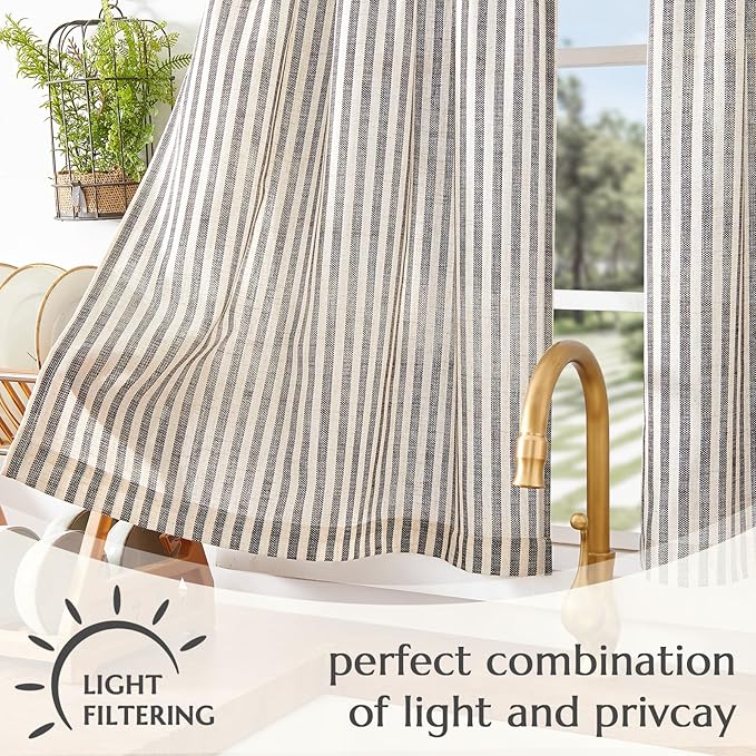 jinchan Striped Linen Kitchen Curtains 36 Inches Length Tier Curtains Farmhouse Modern Cafe Small Window Treatments Airy Light Filtering Rod Pocket for Living Room Bathroom 2 Panels Jet Black