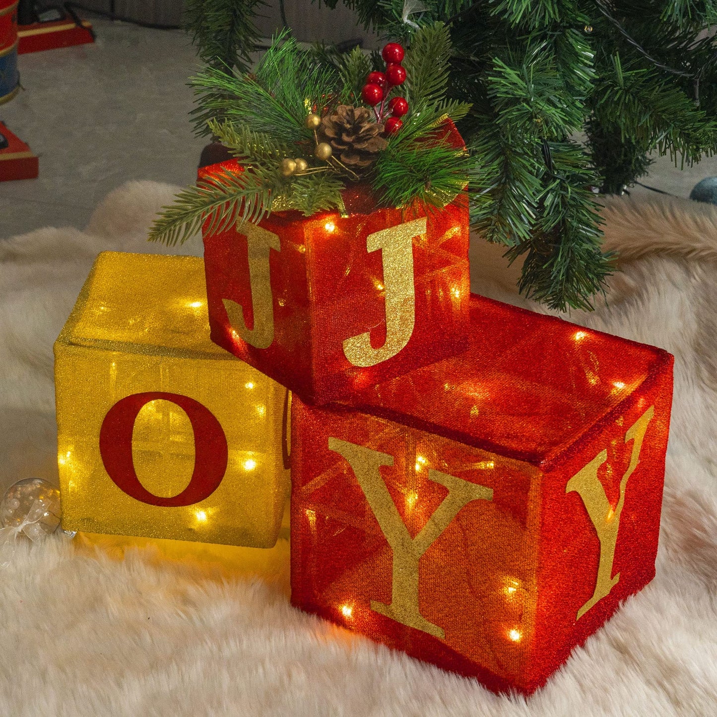 Hourleey Set of 3 Christmas Lighted Gift Boxes, Pre-lit 60 LED Light Up Joy Present Boxes Ornament Decorations for Indoor Outdoor Xmas Tree Home Yard Lawn Decor