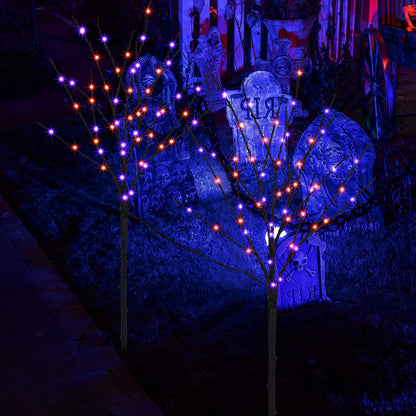 Lighted Halloween Tree Branches, 30IN 100LED Artificial Black Twig Branch with Purple&Orange Fairy Lights, Built-in Timer & Battery Operated, Waterproof for Outdoor Pathway Lawn Garden Decorations