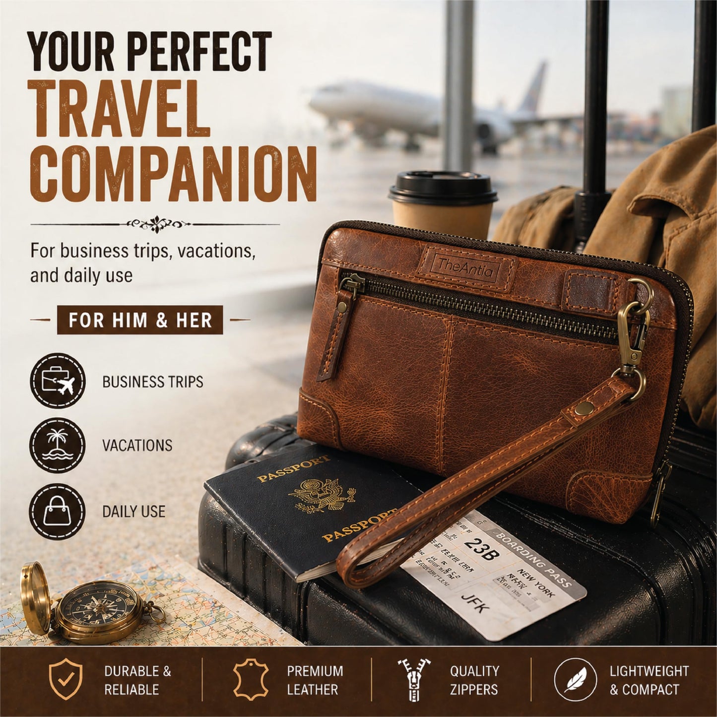 TheAntiq Genuine Leather Makeup Bag Travel Organizer, Premium Handcrafted Cosmetic Pouch with Zipper & Wrist Strap, Durable Toiletry Storage for Women & Men, 5 x 9- Tan