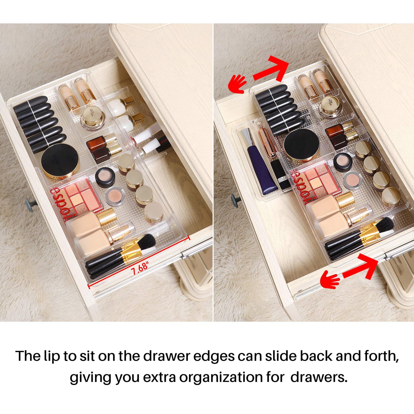 Oubonun Expandable Drawer Organizer 11.1” to 19.2” Width, Shallow Cosmetic Organizer 1.3” Height, 4 Packs, Clear Plastic Storage Trays for Dressing Table,Bathroom
