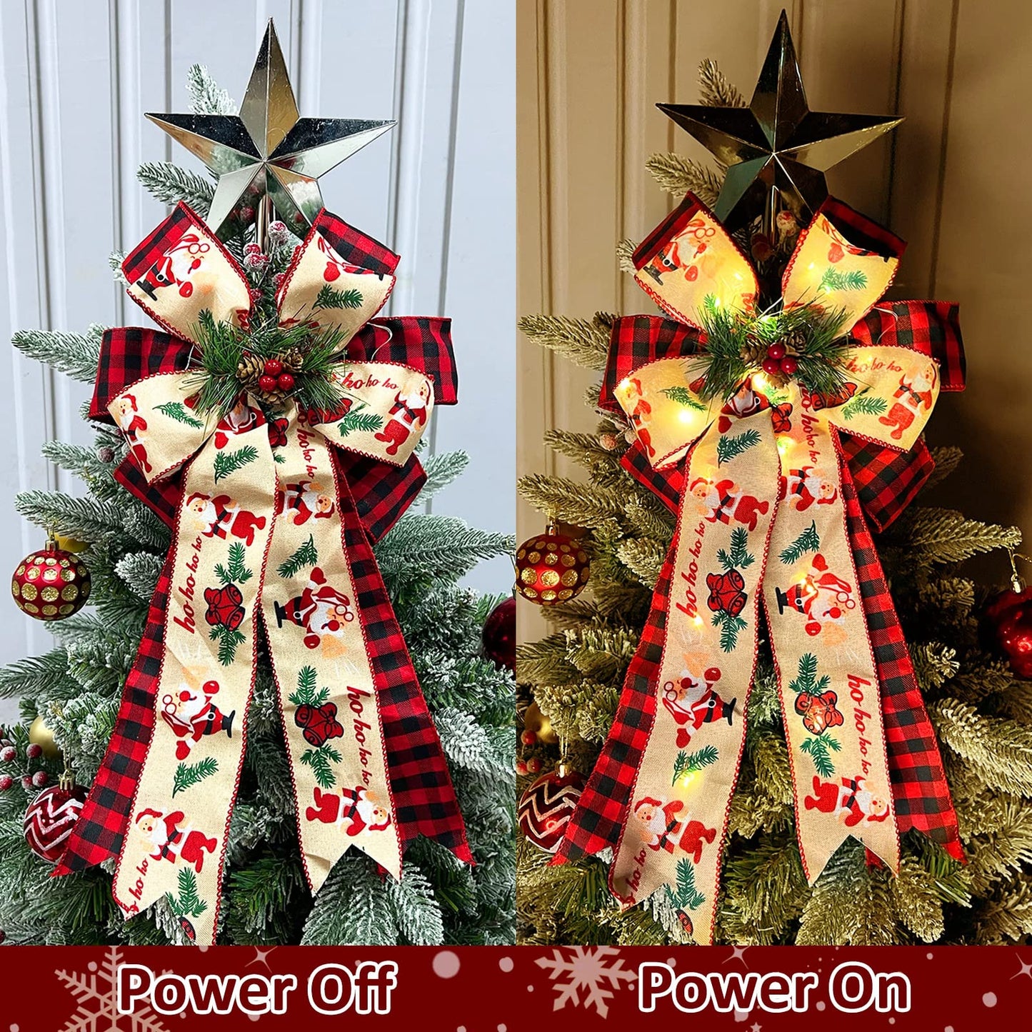 2 Pcs Prelit Christmas Bows Decor with 20 Lights, Santa Bells Black Red Buffalo Plaid Xmas Bows 20" by 11" Christmas Tree Wreaths Garland Bow Battery Powered Christmas Decorations Home Indoor Outdoor