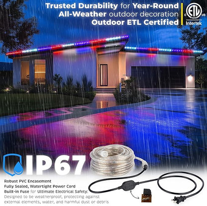 WYZworks 576LEDs 50ft LED USA Patriotic American Red White Blue Outside Rope Lights, Outdoor ETL Certified Waterproof Permanent 360 Degree Light, Flexible Tube, Connectable, Palm Tree Exterior