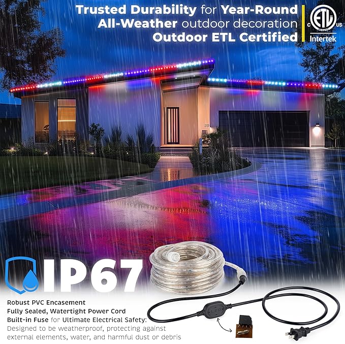 WYZworks 288LEDs 25ft LED USA Patriotic American Red White Blue Outside Rope Lights, Outdoor ETL Certified Waterproof Permanent 360 Degree Light, Flexible Tube, Connectable, Palm Tree Exterior
