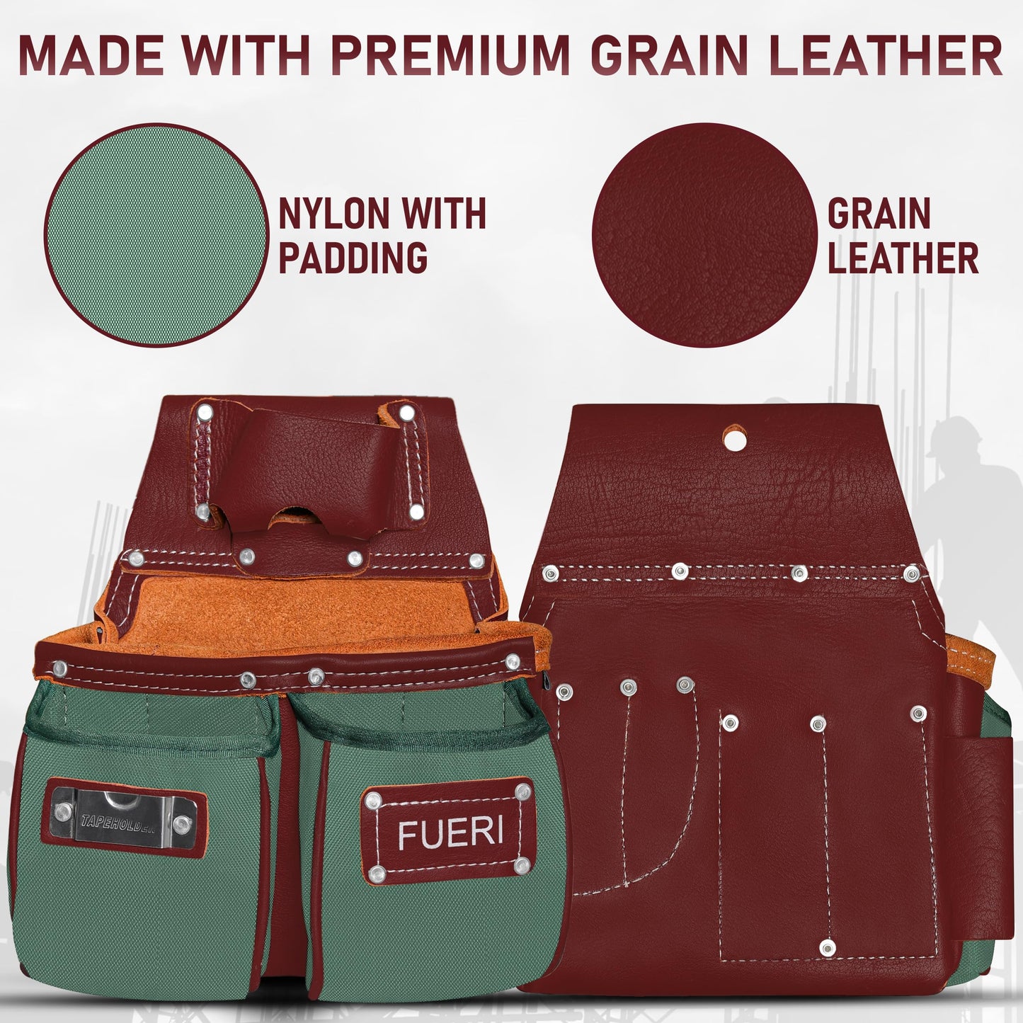FUERI Electrician's Heavy Duty Tool Belt for Men, Made of Thick Leather and Durable Nylon, Comes with Adjustable Padded Tool Belt, Storage Capacity Tool Pouches, Hammer Holder, And Suspender Loops.