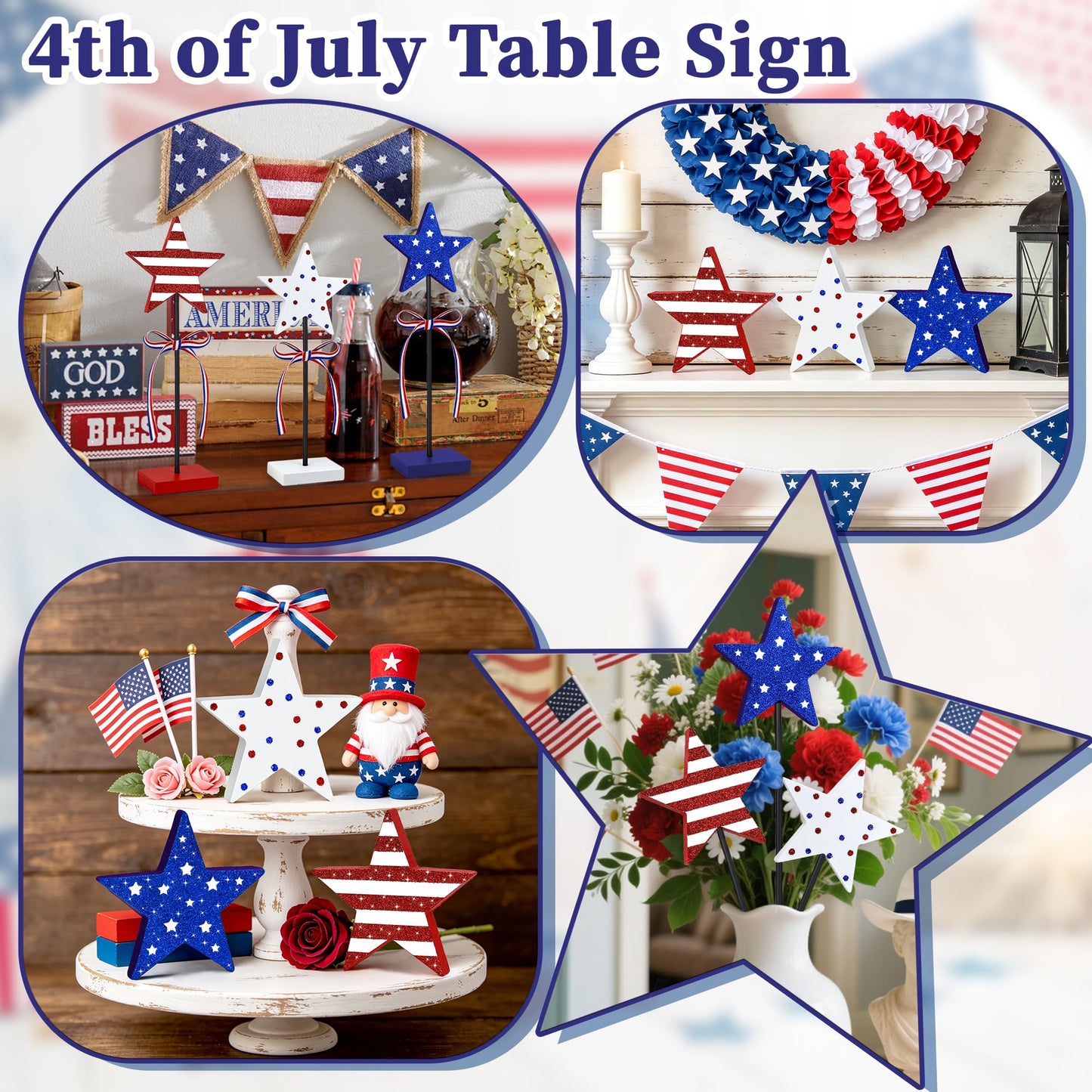 3 Pcs 4th of July Table Decoration Wooden Sign, Glitter Red White Blue Star Patriotic Table Centerpiece Fourth of July Tabletop Decorations Memorial Day Tiered Tray Decor for Home Office