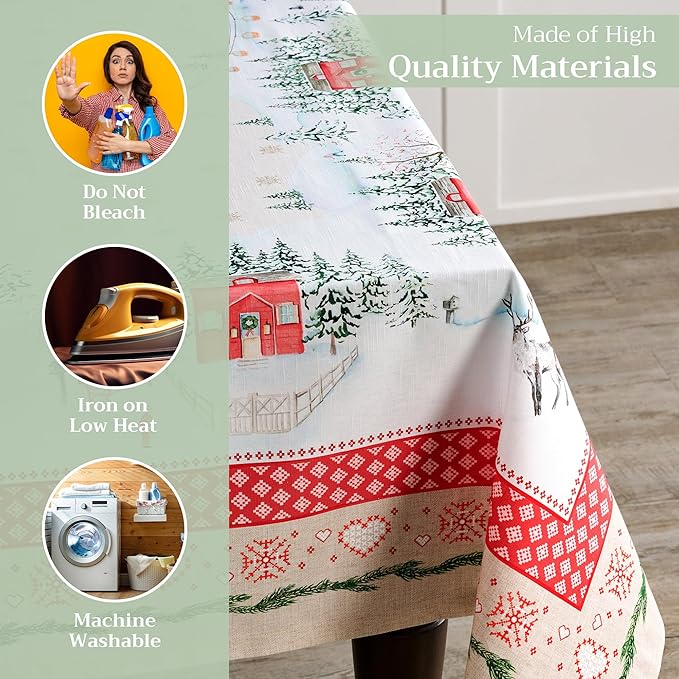 Maison d' Hermine Table Cloth Rectangle Table 100% Cotton 60 x 90 Inches Fall Tablecloth Reusable Everyday Use for Thanksgiving Christmas Decorations Dining Farmhouse Party (Rural Christmas)