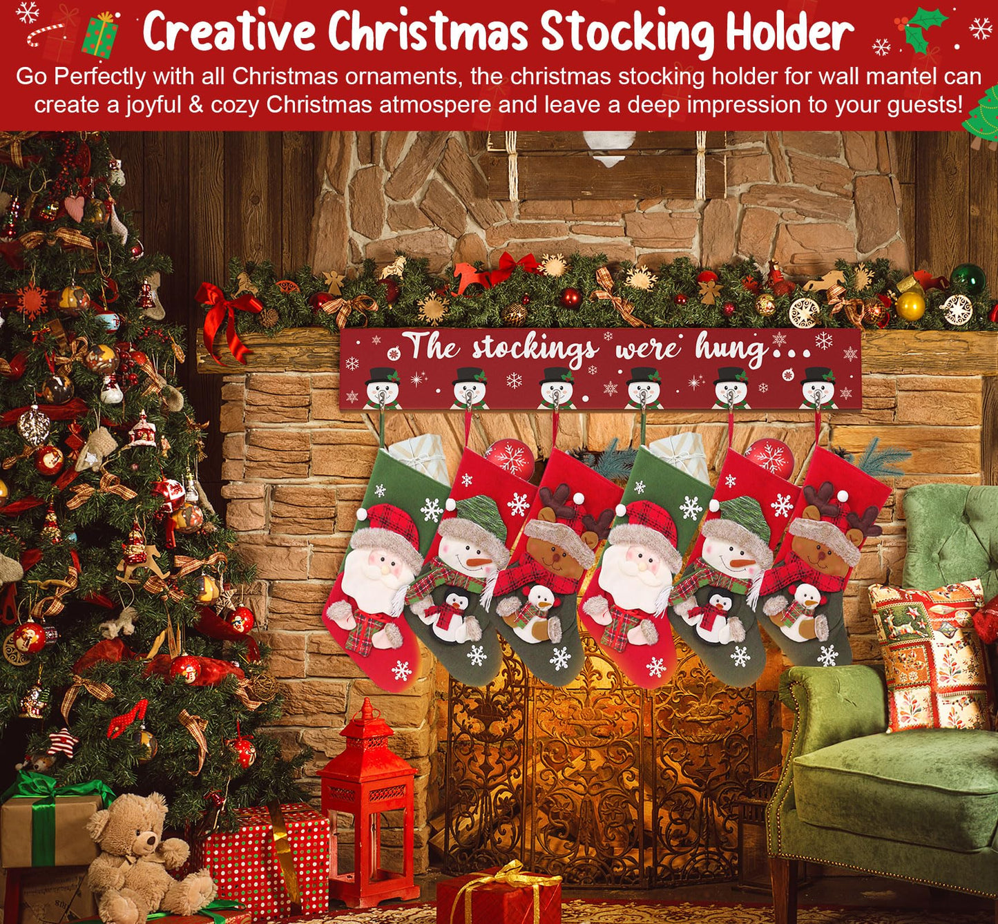 Christmas Stocking Holder Mantle Christmas Stocking Hangers for Mantel Fireplace Wall Hanging Sign with 6 Hangers Collapsible And the Stockings Were Hung Christmas Stocking Hooks Xmas Decor 28.4 Inch
