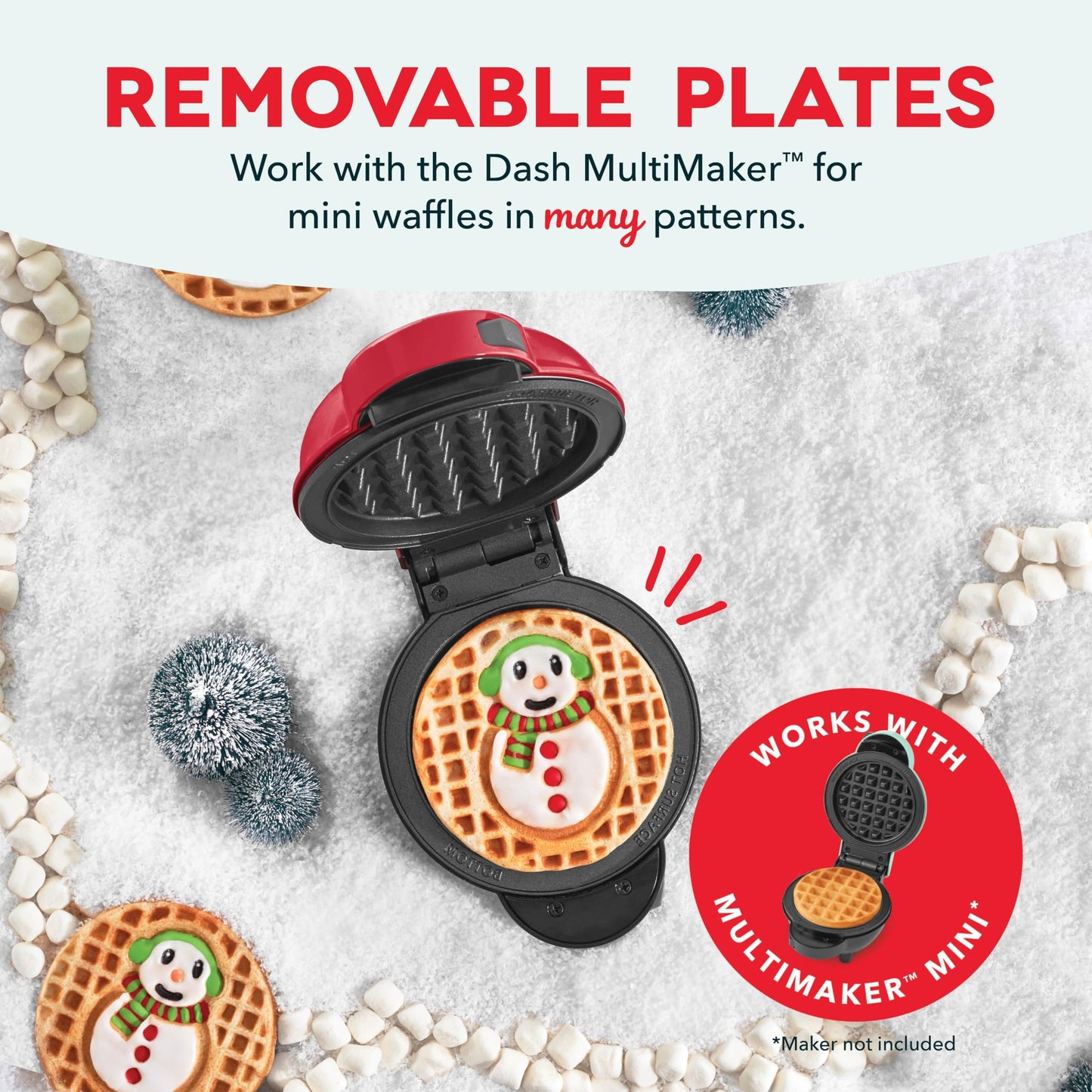 Dash MultiMaker® Mini System Removable Plate Set - Nonstick Replacement Plates for Christmas Waffle Breakfast - Waffle Maker Not Included - 4-Inch - Two-Pack - Snowman & Tree