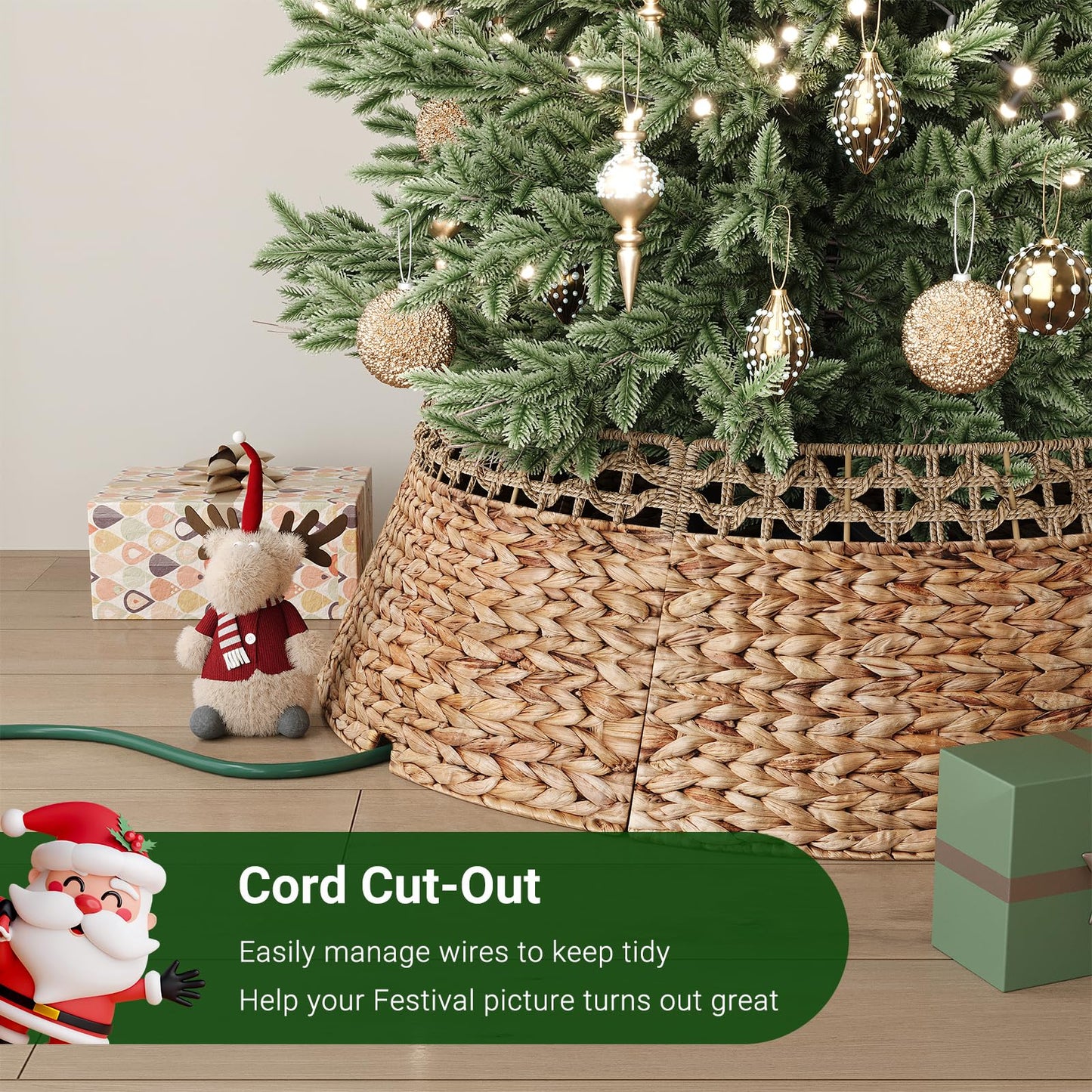 ELYKEN 33 Inch Woven Rattan Christmas Tree Collar, Stylish Seagrass & Water Hyacinth Xmas Tree Skirt for Artificial Trees, Wicker Tree Base Cover with Cord Cut-Out Farmhouse Tree Ring for Home Decor