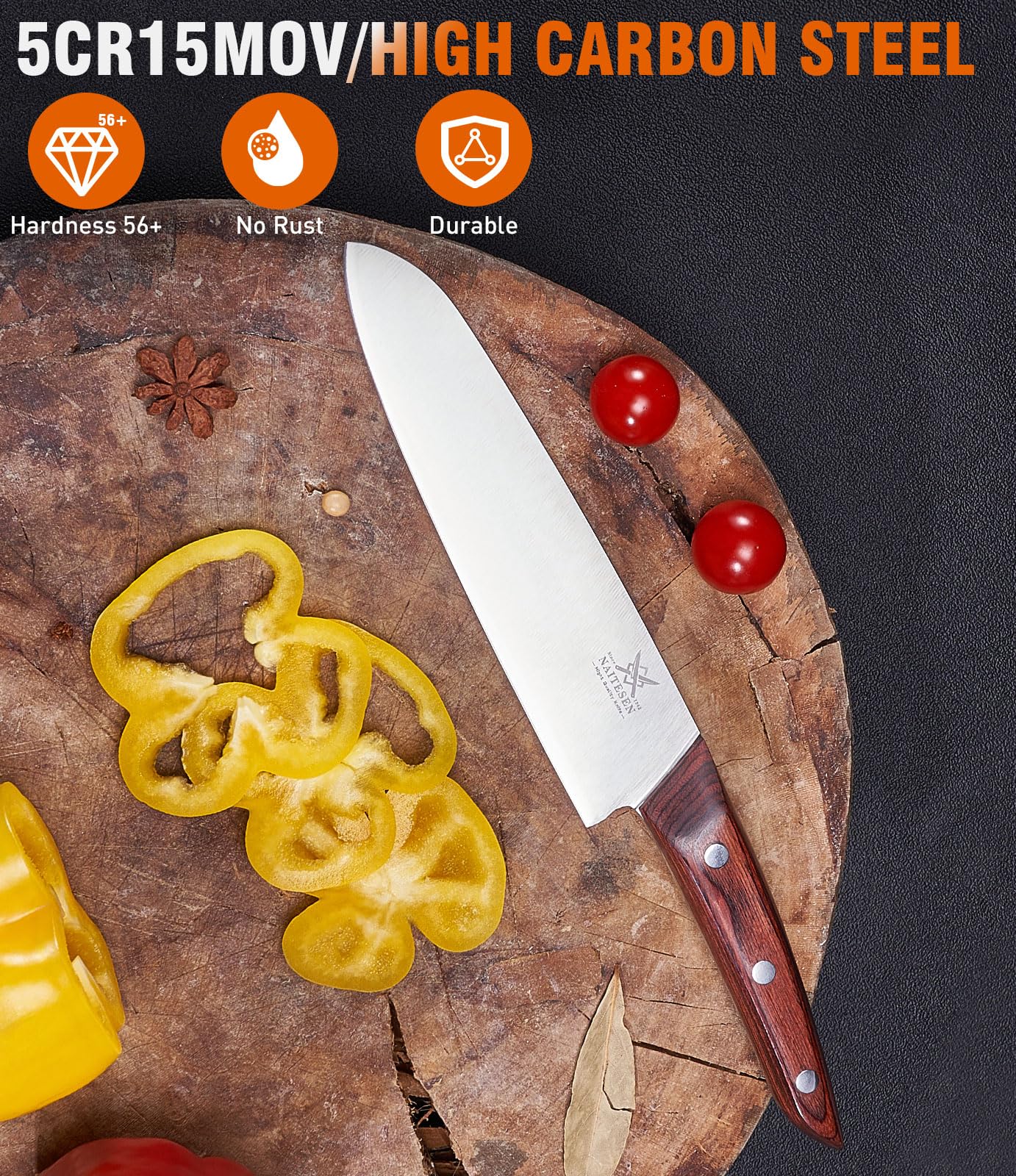 Naitesen 5PCS Professional Kitchen Chef Knife Set with Blade Guards, Wood Handle High Carbon Steel, Sharp for Meat Cutting Home Cooking Gifts for Men Women
