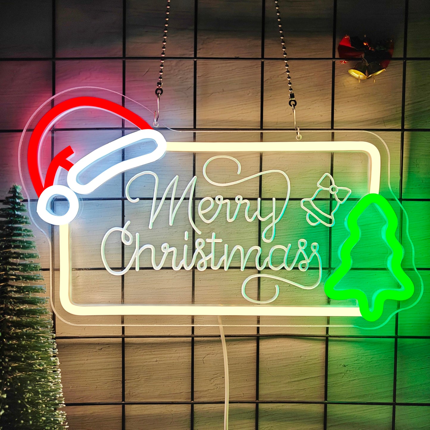 hhuohuona Merry Christmas Neon Sign Dimmable Neon Christmas Sign with Santa Hat & Tree Merry Xmas Light Up Signs for Wall Decor Holiday Gifts Decorations for Home