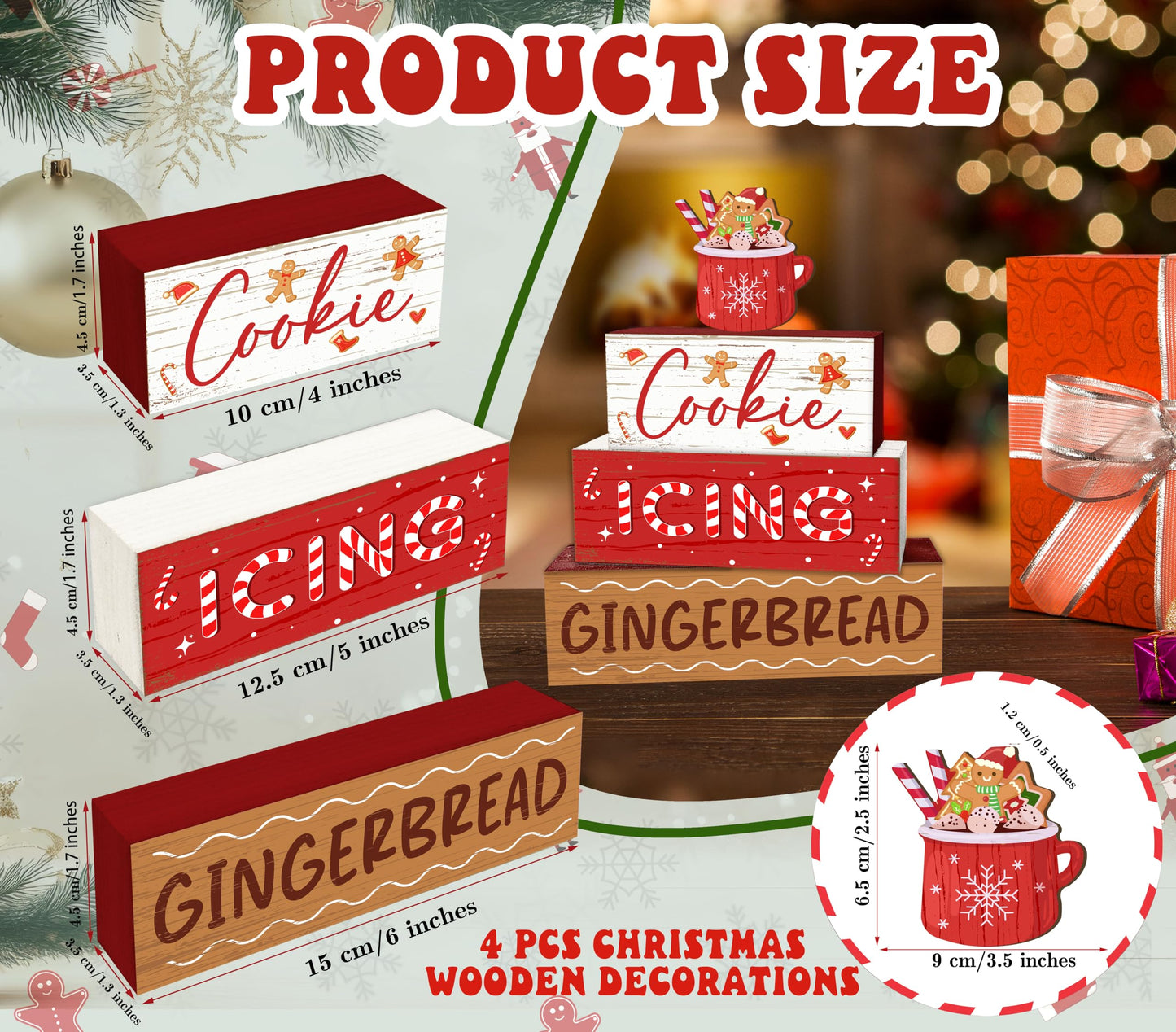 4 Pcs Hot Cocoa Christmas Decor, Gingerbread Table Decorations, Christmas Tiered Tray Desk Decor Gifts, Cookie Icing Winter Wooden Stack Block Signs Table Centerpiece for Farmhouse Office -B10
