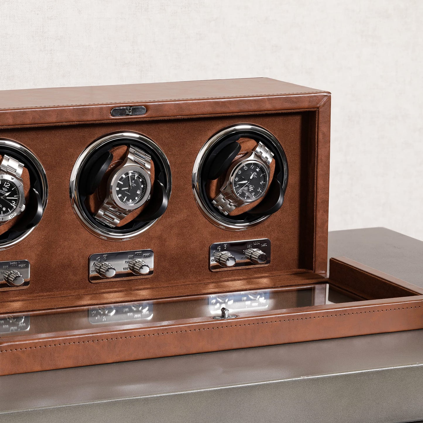 ROTHWELL Triple Watch Winder for Automatic Watches with Quiet Motor with Multiple Speeds and Rotation Settings (Tan/Brown)