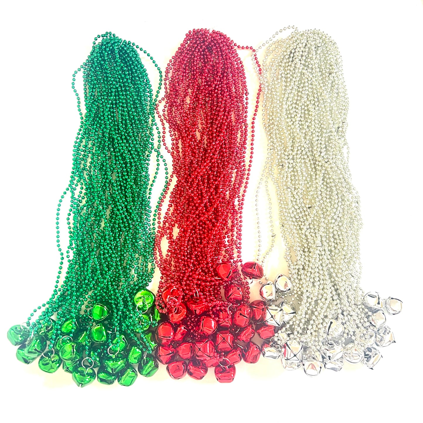 GZYSSL 72 Pcs Christmas Jingle Bell Party Beads Necklaces Red Silver Green Christmas Tree Holiday Jingle Bell Beads Party Supplies