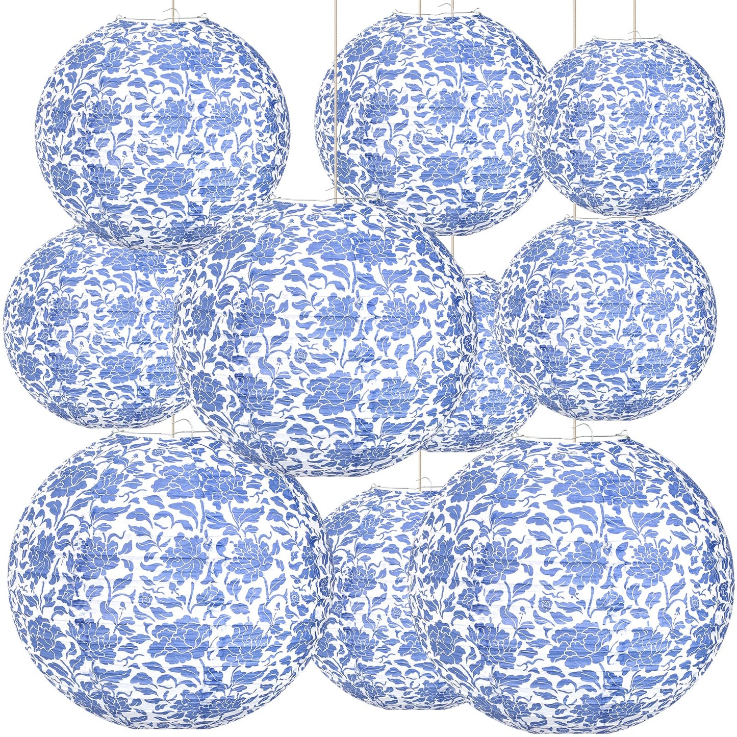 12 Inches Chinoiserie Paper Lantern Celehappy 10pcs Blue and White Porcelain Print Lantern Chinese Round Hanging Lanten for Birthday Wedding Party Ceilding Indoor Outdoor Home Decor