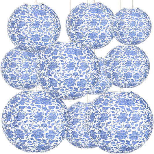 12 Inches Chinoiserie Paper Lantern Celehappy 10pcs Blue and White Porcelain Print Lantern Chinese Round Hanging Lanten for Birthday Wedding Party Ceilding Indoor Outdoor Home Decor