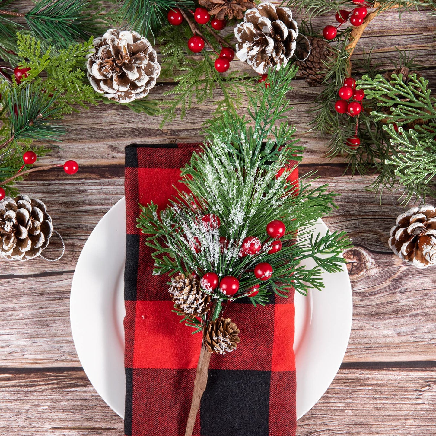 AnyDesign Artificial Christmas Picks Assorted Faux Pine Picks Red Berry Picks Stems Spray Twigs Evergreen Branches for DIY Holiday Art Gift Craft Garland Ornament Floral Arrangement Wreath (8 Pack)