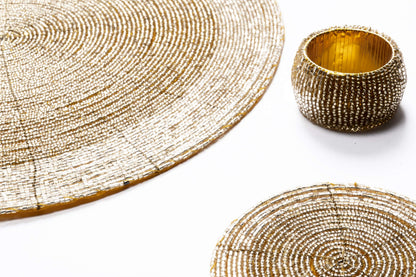 Penguin Home Handcrafted Glass Beaded Round Placemats, Coasters & Napkin Rings Set of 18 - Handmade Table Place Mats for Dining - 32 cm (13") Diameter (Gold)