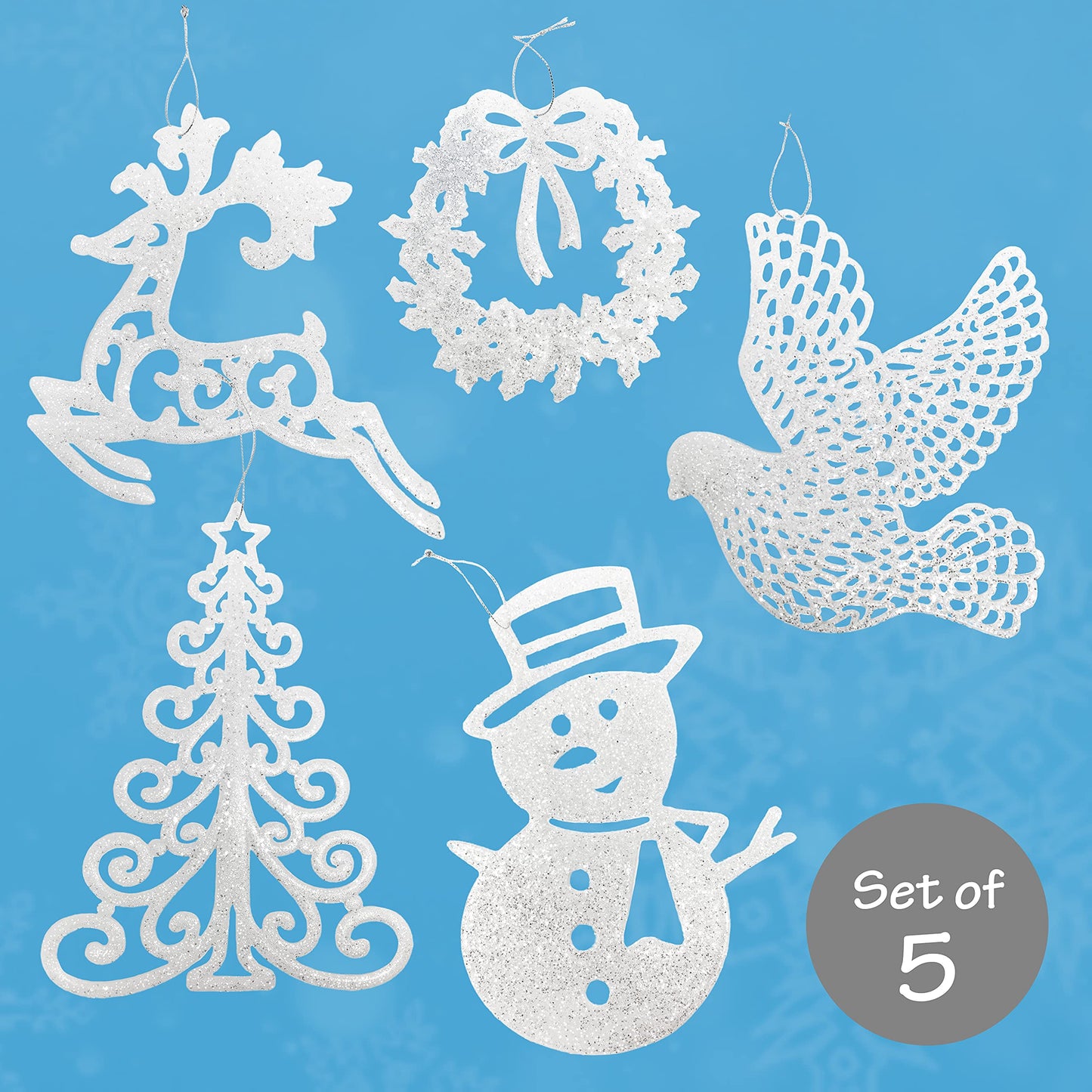 White Christmas Tree Ornaments Set of 5 – Large Glittered Holiday Decorations with Snowman, Reindeer, Dove, Wreath & Christmas Tree – 9” Shatterproof Hanging Ornaments for Winter & Farmhouse Décor