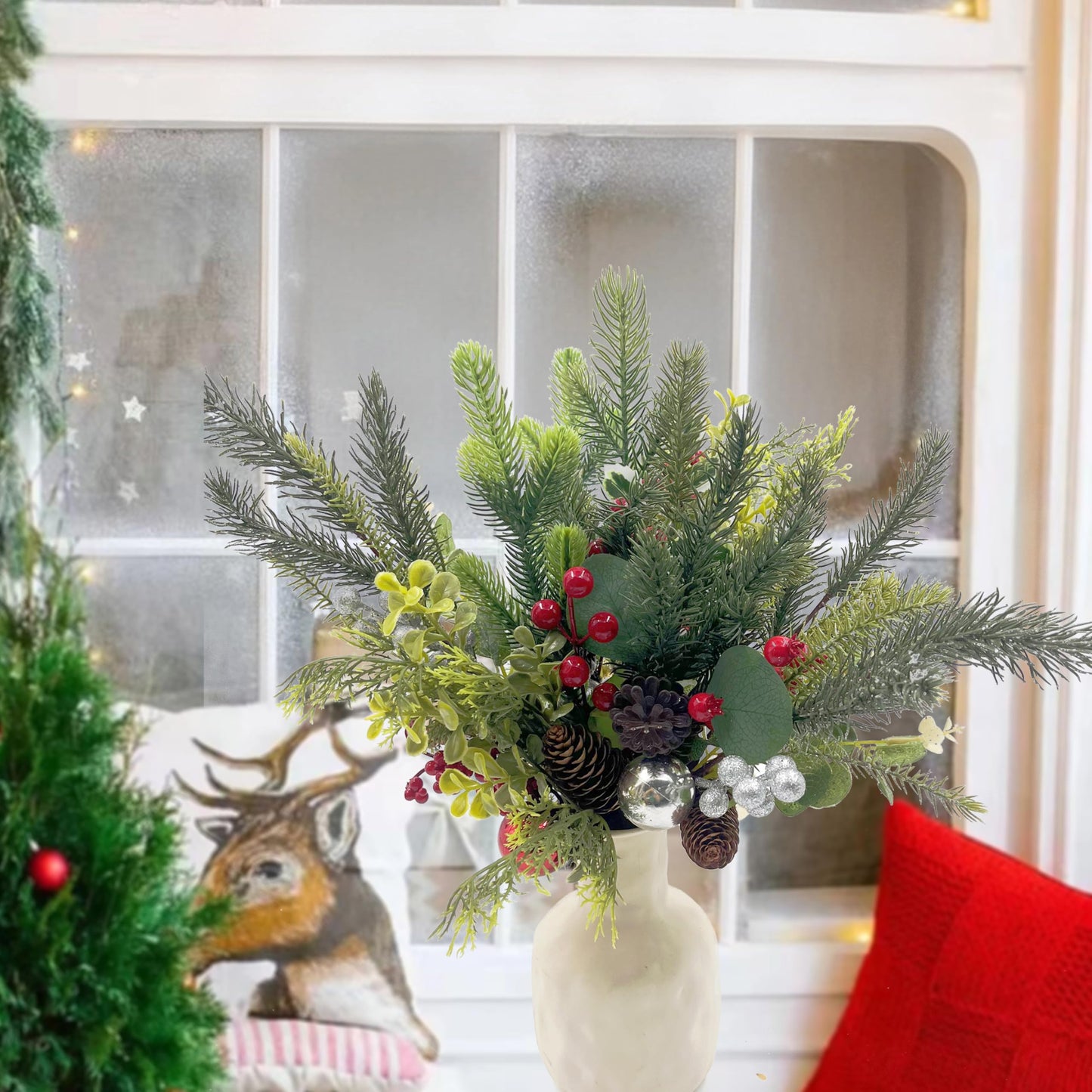 Gudegou 10 Pack Christmas Tree Picks with Gold Slive Ornaments,12-15Inch Red Derry Stems with Pinecone for Floral Arrangements DIY Crafts