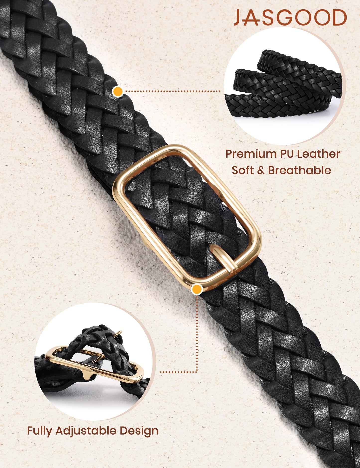 JASGOOD Women Braided Leather Belt Adjustable Plus Size Waist Belt Woven Fashion Casual Belt for Jeans Pants Dresses with Gold Buckle, Black