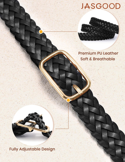 JASGOOD Women Braided Leather Belt Adjustable Plus Size Waist Belt Woven Fashion Casual Belt for Jeans Pants Dresses with Gold Buckle, Black