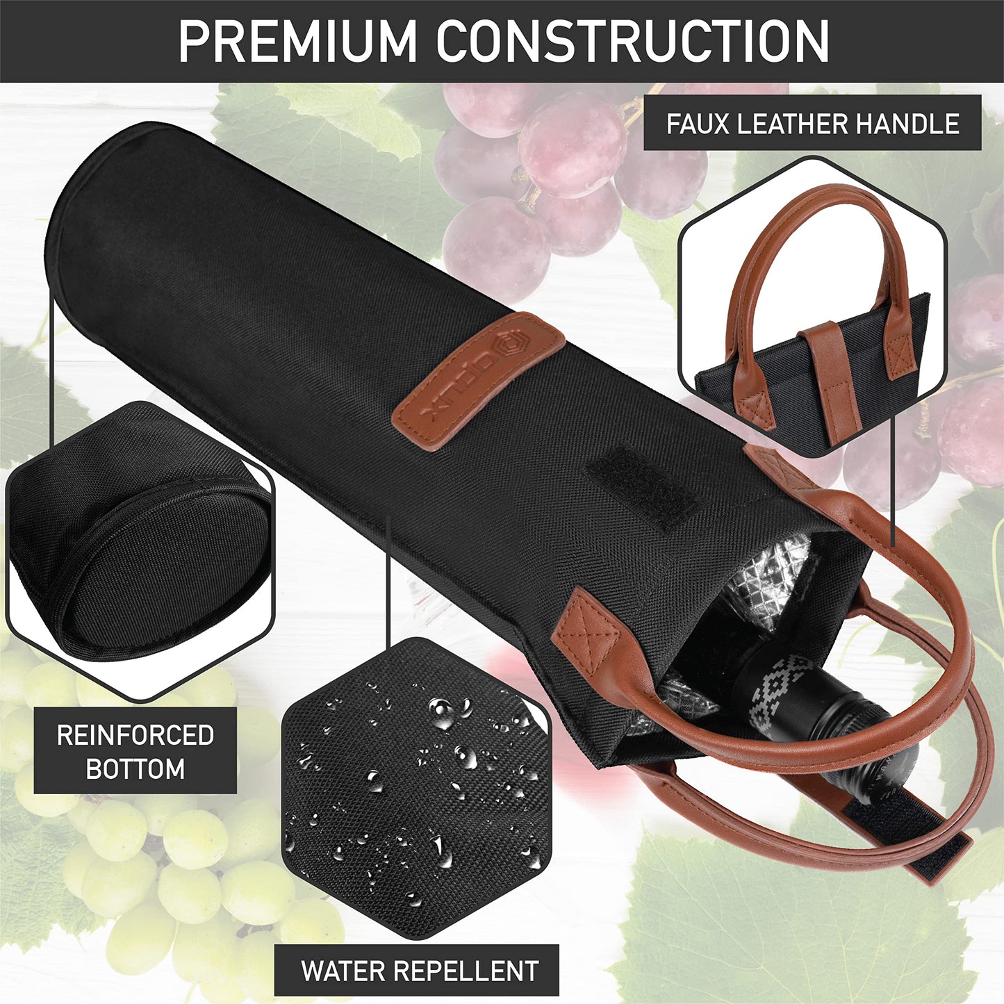 opux Wine Bag Single Bottle Carrier Tote, Insulated Travel Wine Cooler Bag for Picnic Beach Gift, Thermal Padded Portable One Bottle Holder Carrying Case for Women Men Wine Lovers, Black