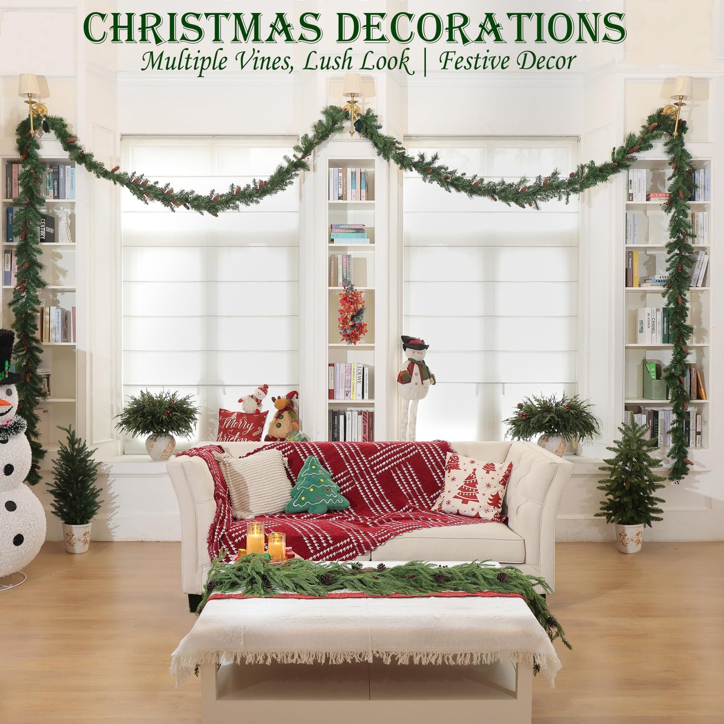 QXXQ 12-Piece Set 24" Artificial Norfolk Pine Branches - Christmas Decorations - Faux Christmas Greenary - Faux Norfolk Pine Stems for DIY Crafts Garland Wreath Home Decor- Free LED String Lights