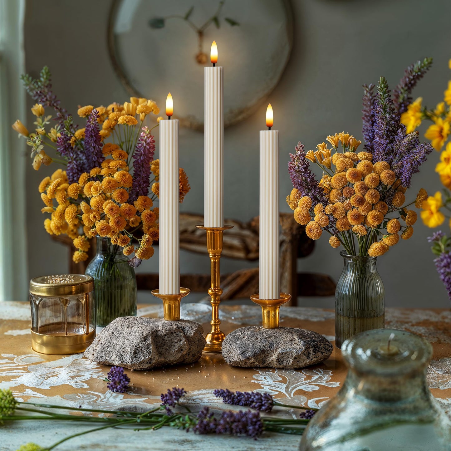 West Ivory 12 Pack, 10" LED Flameless Real Wax Cream Beige Fluted Ribbed Grooved Taper Candles, Remote & 24h Timer Memory, On/Off Button, Dimmable, Flicker Mode, Battery Operated, Wedding