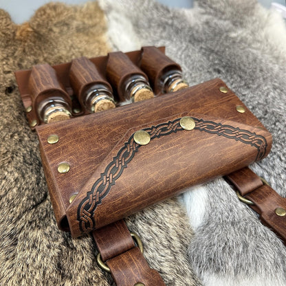 HiiFeuer Medieval Alchemy Faux Leather Belt Bag with 4 Cork Potion Vials, Fantasy Wizard Waist Pouch Side Pack for Ren Faire (Light Brown A)