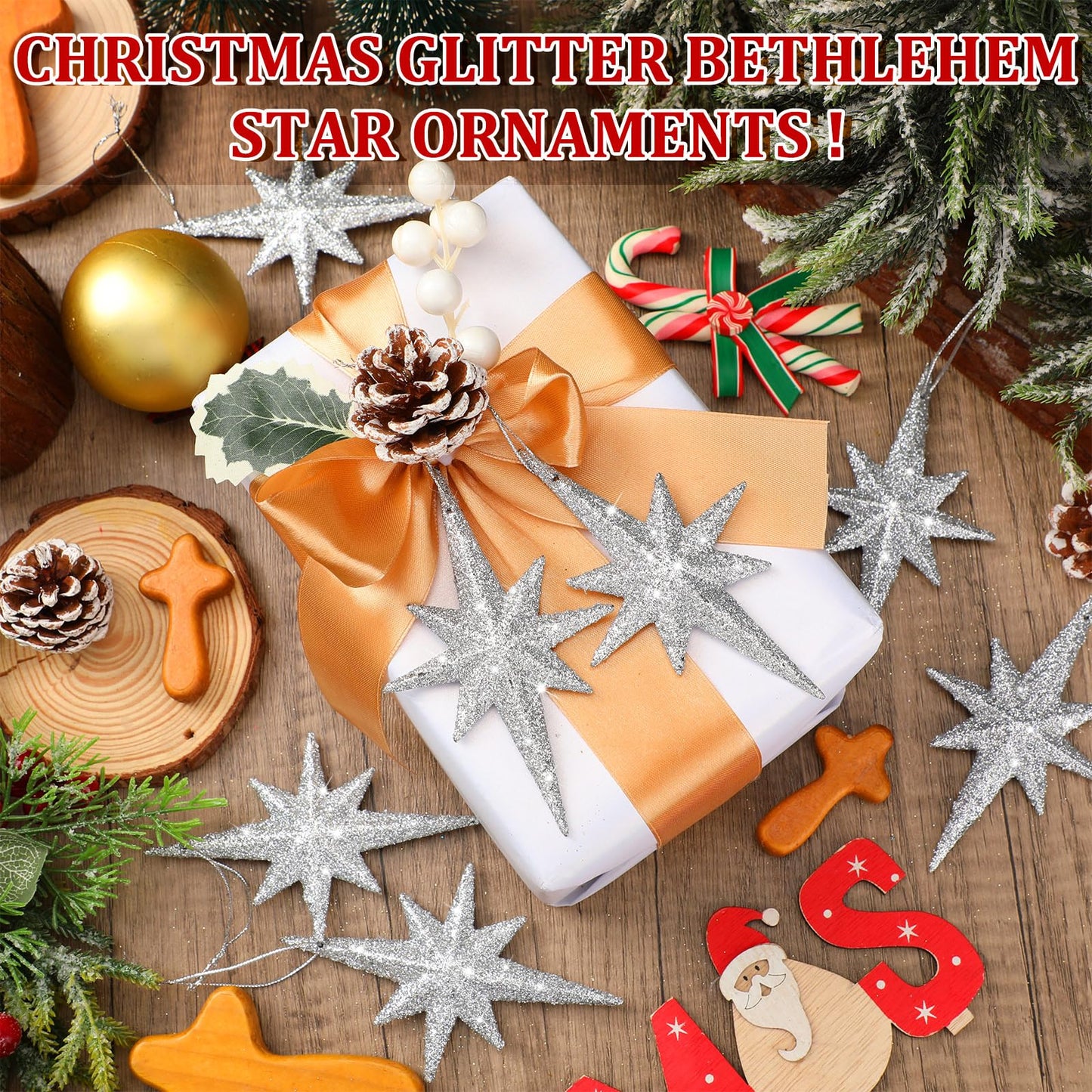 Quzzil 12 Pcs Christmas Bethlehem Star Silver Ornament 4.72 x 2.95 Inch Star of Bethlehem Christmas Tree Topper Glitter Ornament Plastic Nativity Stars Hanging Decor Accessories