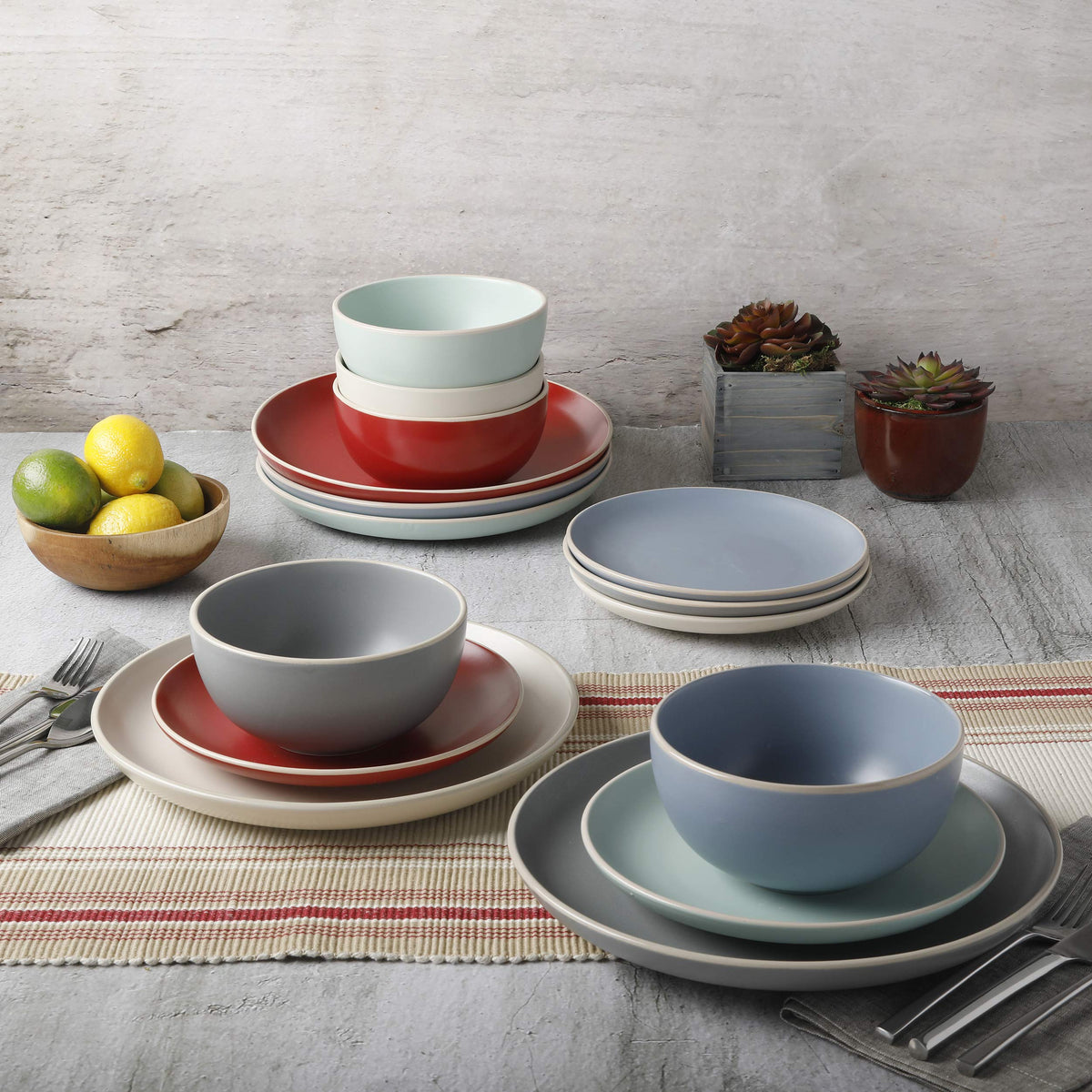 Gibson Home Queenslane 16 Piece Double Bowl Plates and Bowls Dinnerware Sets - Matte Blue