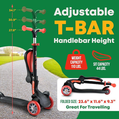 3 Wheel Scooter for Kids - Foldable Seat, Adjustable Handlebar, LED Wheels | Indoor & Outdoor Use, Ages 2+